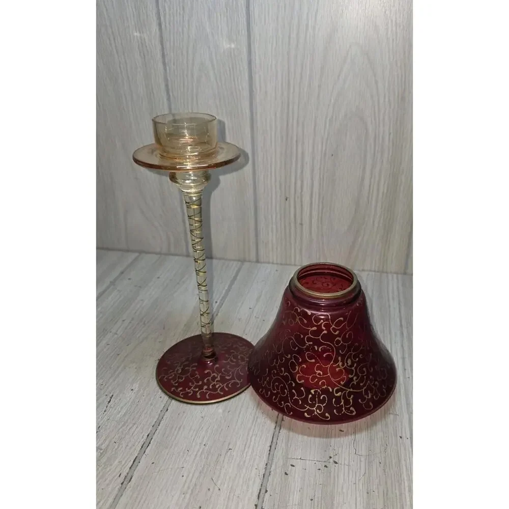 Vtg Ruby Red Gold Romanian Tall Tea Light Mouth Blown Hand Decorated Victorian